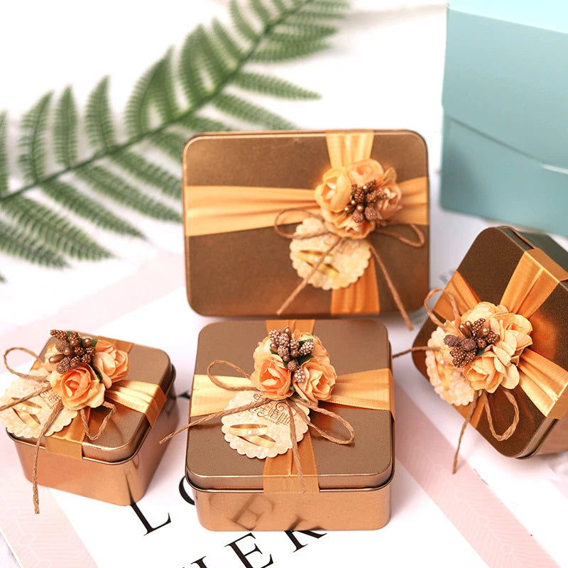 Wholesale Luxury Gold Packaging Chocolate Candy Wedding Heart Shaped Tin Sweet Gift Box With Ribbon and Flower