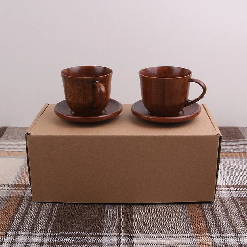 Jujube Wood Tea or Coffee Cup Plate Sets with Handle for Tea Cups & Saucers