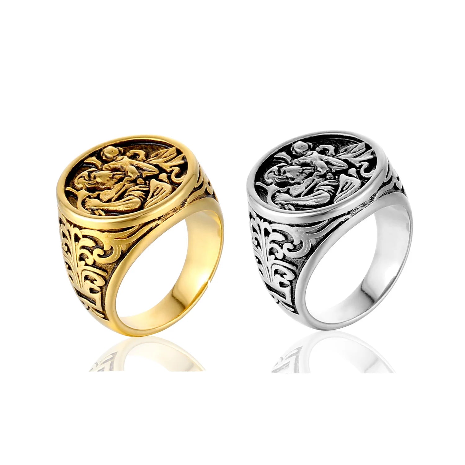 Olivia Custom Christopher Ring Stainless Steel Silver Gold Jewelry Christian Cross Protect Us Signet Ring for Men Women