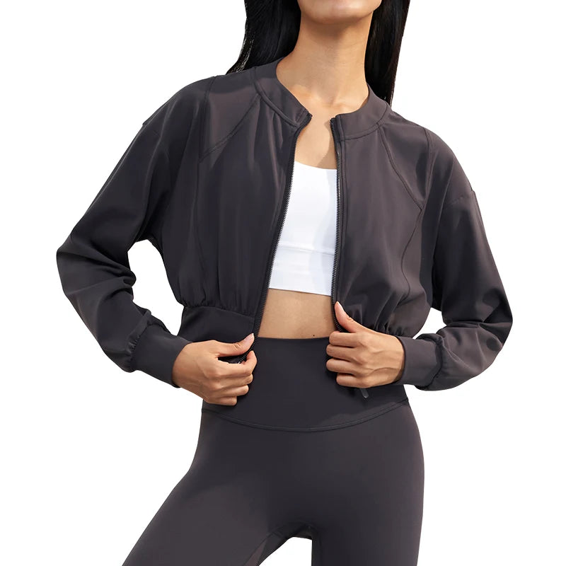 Women's Yoga Coat Adult Round Neck High Waist Slim Long Sleeve Zipper Cardigan Thicken Sports Tops