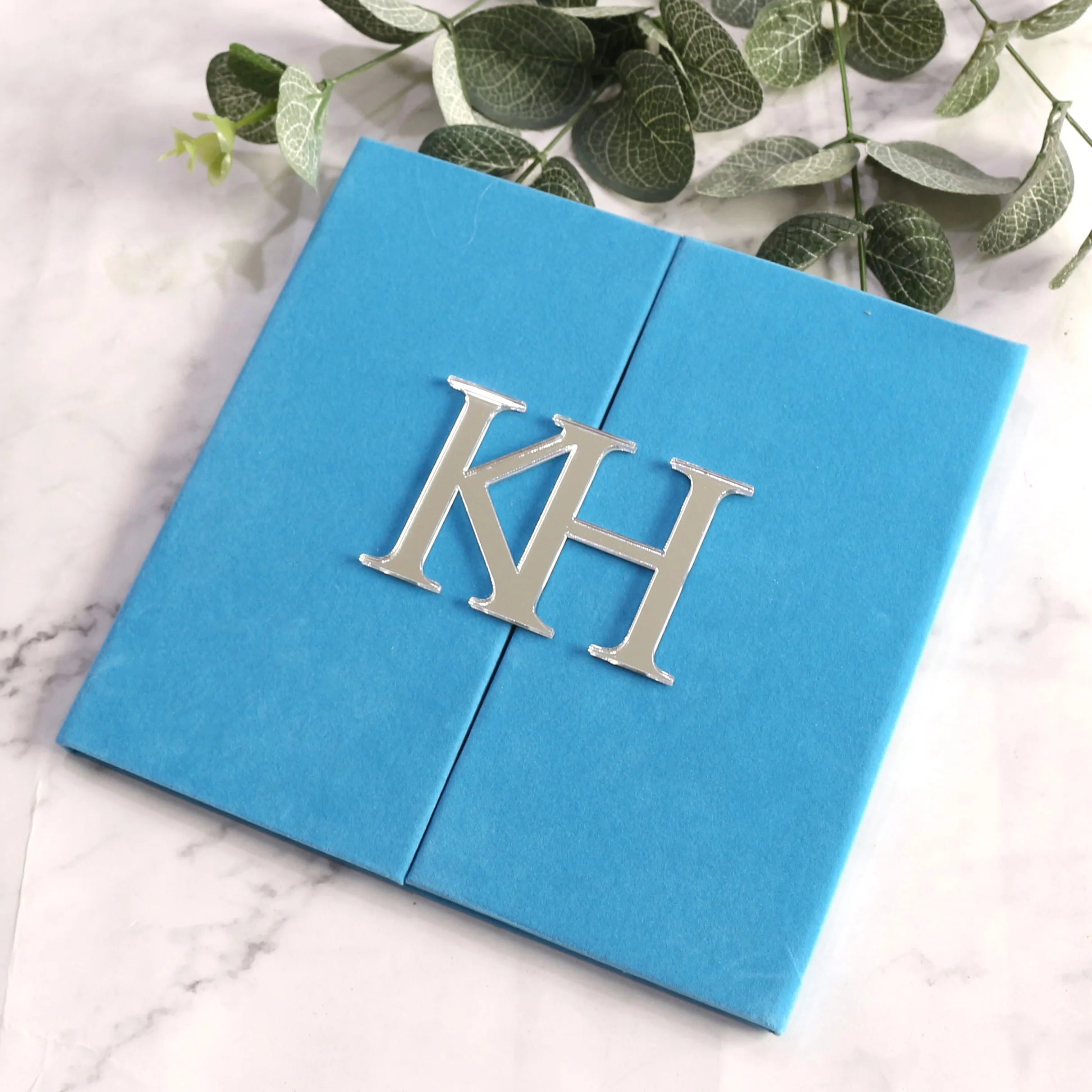 Custom Blue Velvet Hardcover Invitations Envelope Silver Acrylic Mirror Card Tags Luxury Vintage Handmade Wedding Invitation