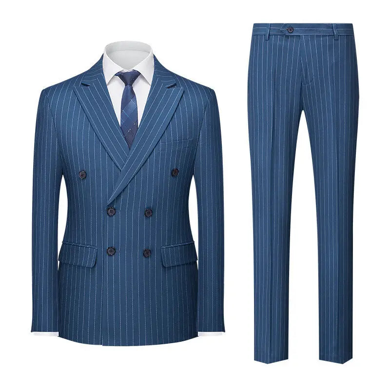 Men's Slim Double-Breasted Banquet Suit Striped Lapel High-Grade Two-Piece Business Workwear Breathable Groom's Attire Set
