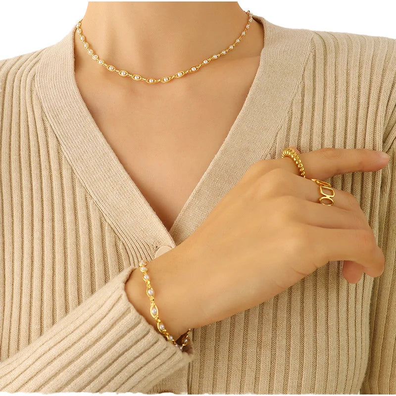 INS Baroque 18K Gold Imitation Stainless Steel 4MM Pearl Necklace & Bracelet Set Gold Plated Titanium Steel Jewelry