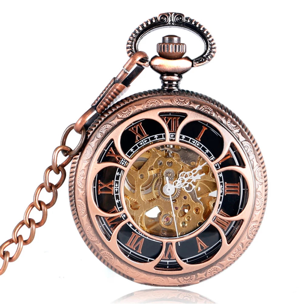 Antique Style Half Hunter Skeleton Self-Winding Mechanical Pocket Watch with Chain Retro Locket Watch for Men & Collector Gifts