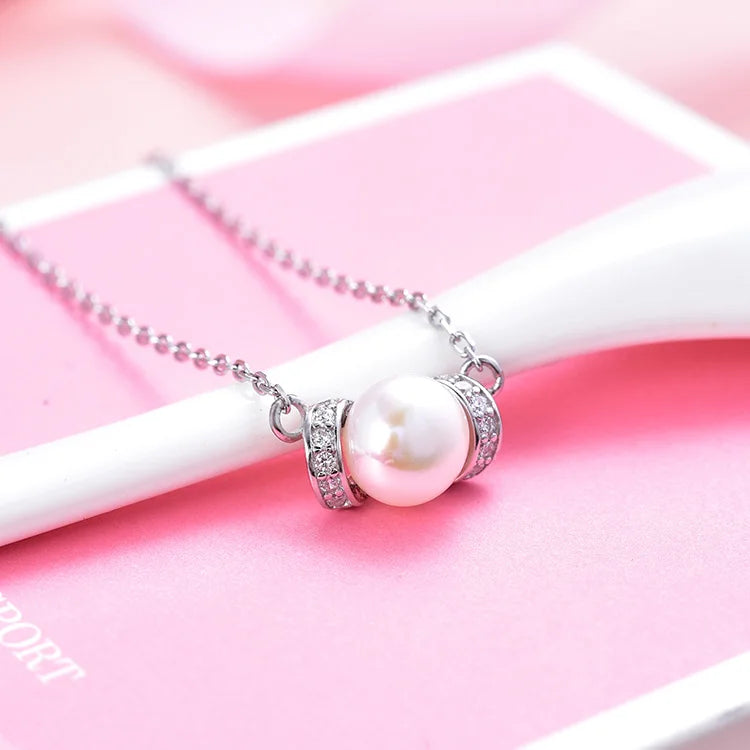 Rhodium Plated 925 Sterling Silver Pendant Necklace | Natural Freshwater Pearl with Cubic Zirconia Accents | Adjustable Length