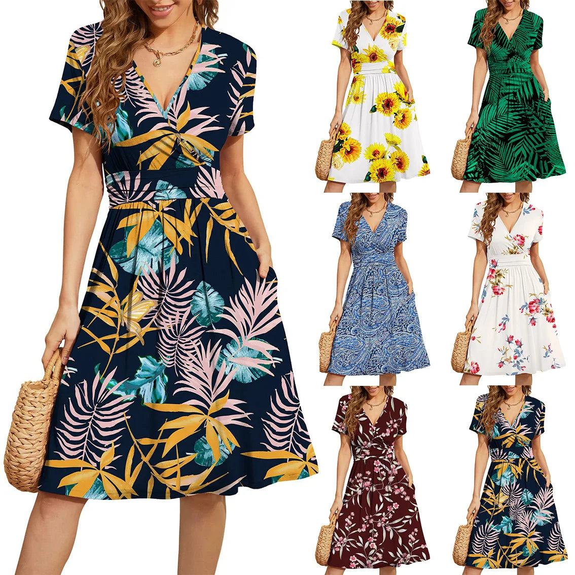 Women's Dress 3D Printed Pattern V-Neck Midi Dresses