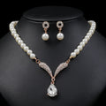 Fashion Two Piece Womens Korean Vintage Wedding Silver Plated Beads Pearl Teardrop Necklace and Earrings Jewelry Set for Bride