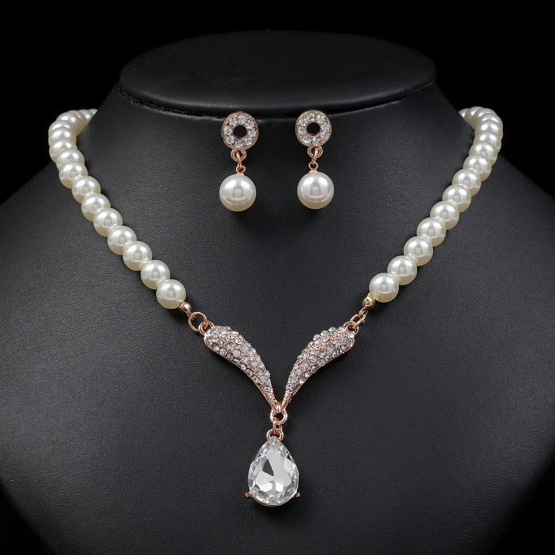 Fashion Two Piece Womens Korean Vintage Wedding Silver Plated Beads Pearl Teardrop Necklace and Earrings Jewelry Set for Bride