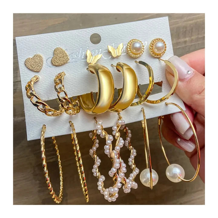Trendy Luxury Women 18K Gold Jewelry  Exaggerated Big Hoop Earrings Set Pearl Dainty Butterfly Stud Earrings