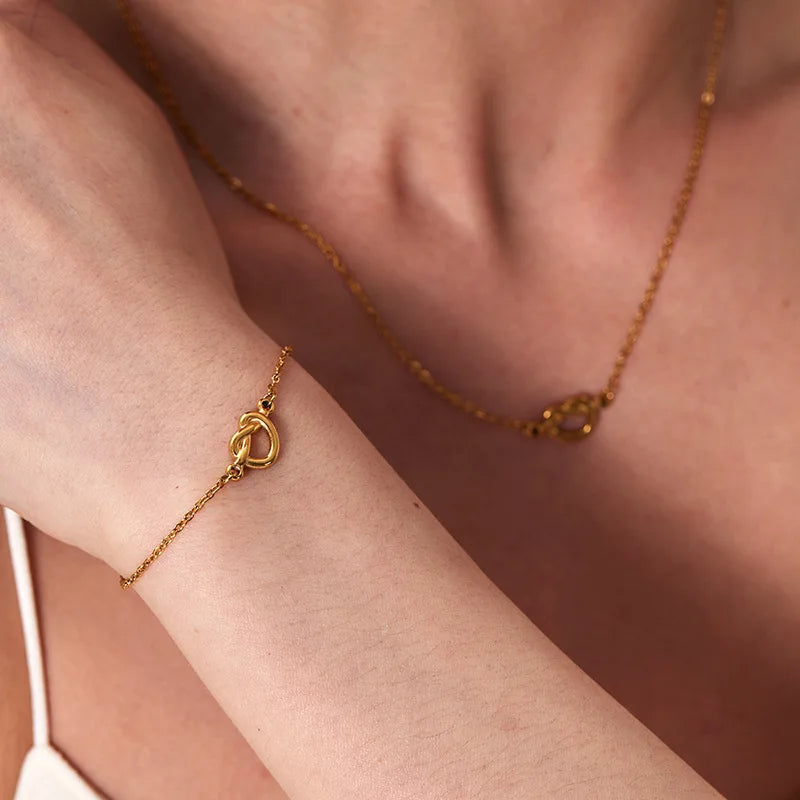 18K Gold Plated Waterproof Tarnish Free Fashion Heart Knot Chain Necklace Bracelet Stainless Steel Jewelry Sets MegaBDM