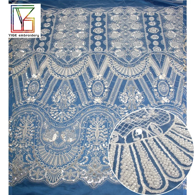 New Fashion White French Crystal Tube Glass Beads Shining Sequins Fabric With Beads and Pearls Wedding Bridal Dress Lace Fabric
