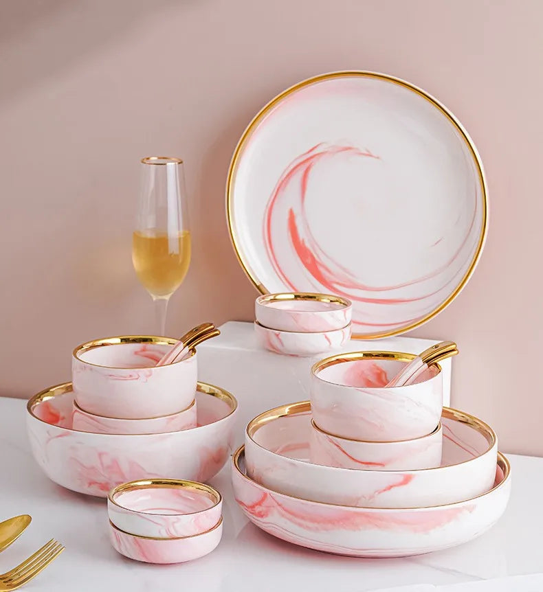 Premium Pink Porcelain Bowl Phnom Penh Western Plate Cutlery Set Premium Camping Ceramic Dinnerware Sets for Home Use