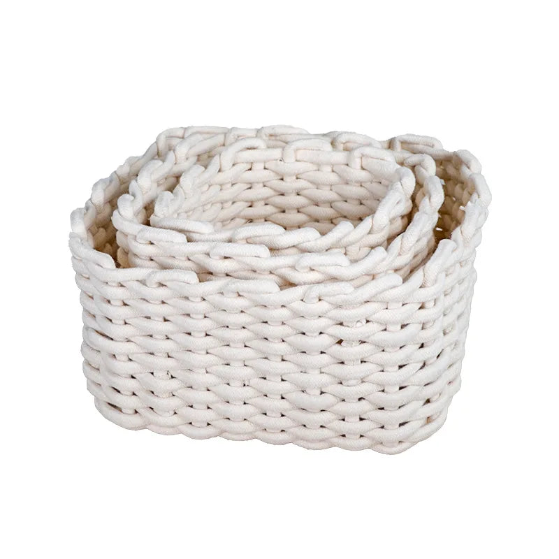 Hot Selling 3pcs Set of Soft and Sturdy Hand-Knitted Cotton Rope Storage Baskets Sundries Bin for Organization