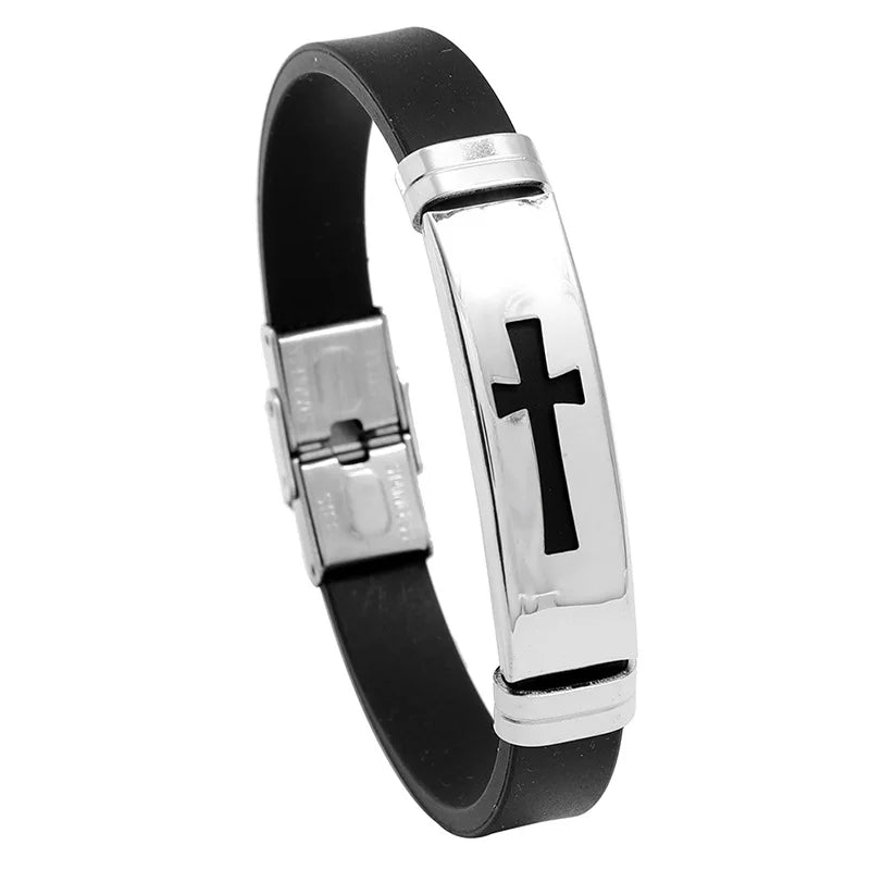 Hot Sale Unisex Adjustable Stainless Steel Cross Silicone Christian Casual/Sporty Fashion Cuff Bracelets