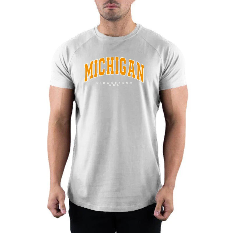 Wholesale Gym Fitness Bodybuilding Cotton T-Shirt Mens Sport Running Short Sleeve Shirt Trend Michigan Midwestern USA Print Tops
