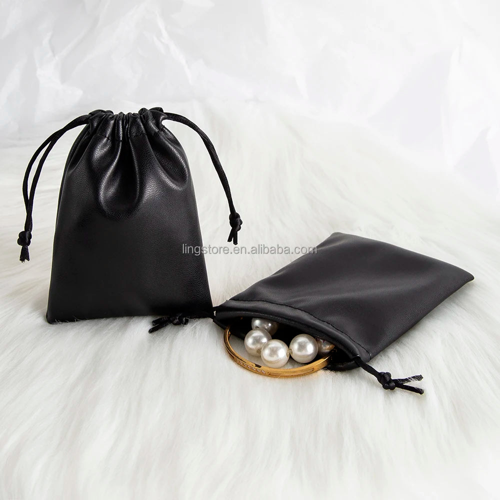 Luxury 9x12cm Black Soft PU Leather Jewelry Packaging Pouch New Style Drawstring Bag for Earrings and Necklace