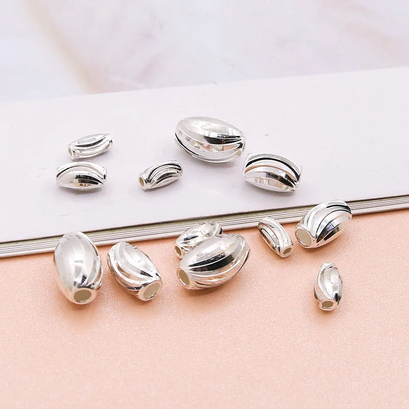 6mm 8mm 10mm Vintage Sterling Silver 925 Textured Olive Beads Large Striping Oval Spacer Bead for Diy Jewelry Making