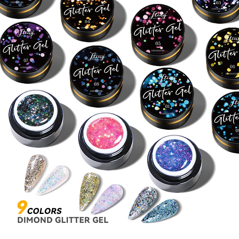 JTING New Design Full and Shine Sparkle Uv Gel Polish 9 Colors Diamond Glitter Gel OEM Custom Nail Art Flash Gel Jar 5ml