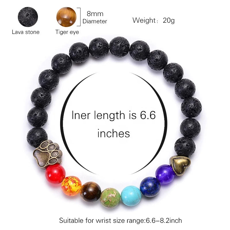 8mm 7 Chakra Lava Dog Paw Bead Bracelet Gemstone Yoga Meditation Healing Beads Elastic Stretch Bracelet