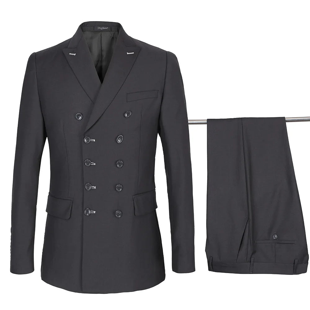 Men Suits Slim Fit New Fashion Suit Double Breasted Peake Lapel Navy Blue Black Wedding Groom Party Prom Skinny Costume