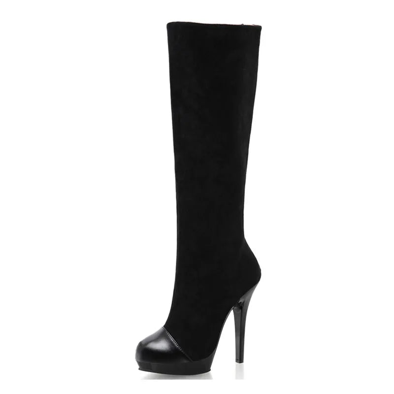 Black Round Head Thin Heel 13 cm Long Boots Fashion Modern Show High Heels Women's High Boots Gothic Shoes