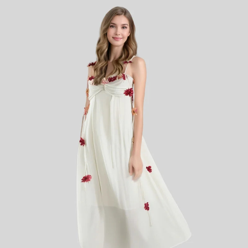 Women's White Dress With Suspenders and Backless Chiffon Long Skirt Creative Flower Fashionable and Comfortable Dress