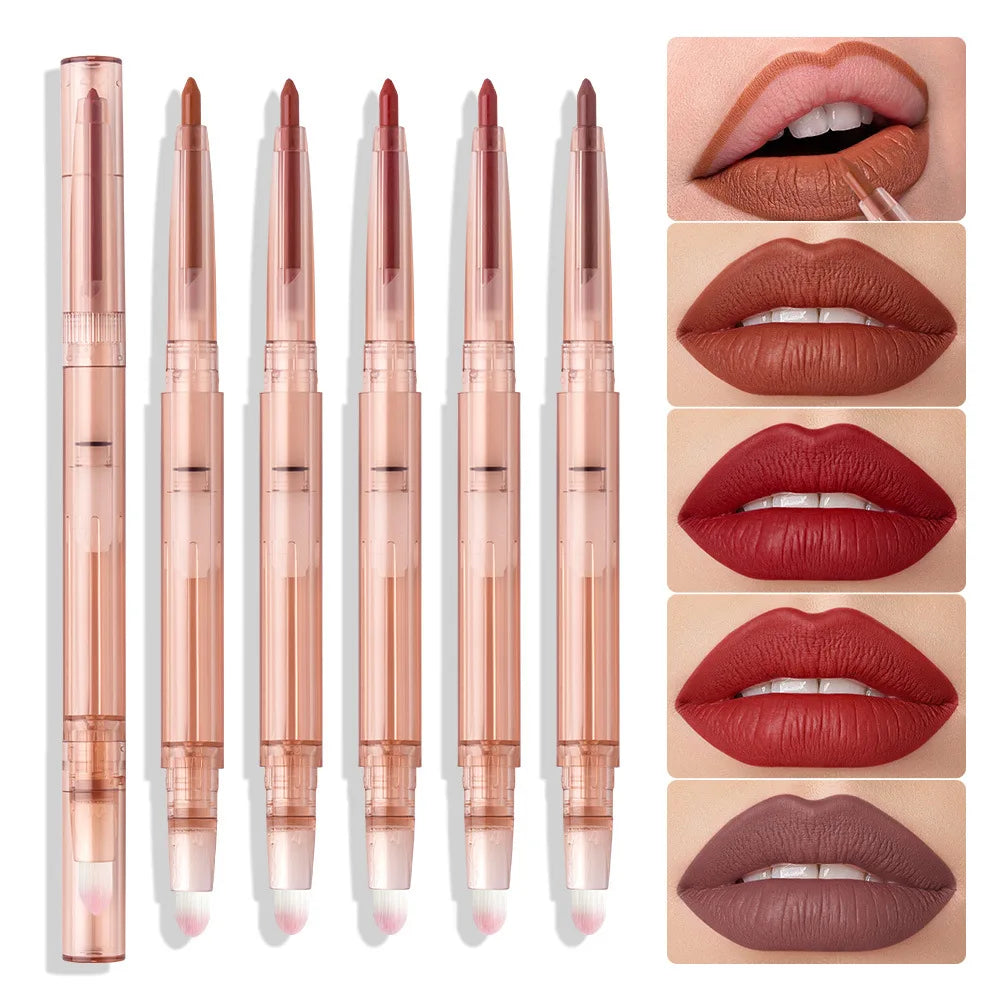 Dual-Head Rotating Lip Liner Pen Smooth Matte Velvet Lipstick with Lip Contour Pencil