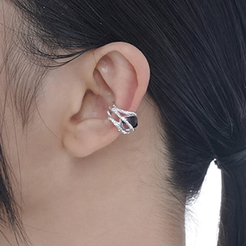 Fine Jewelry Chic Niche Plata 925 Sterling Silver Matte Inlaid Unique Stone Ear Korean Cuffs Earrings for Girls