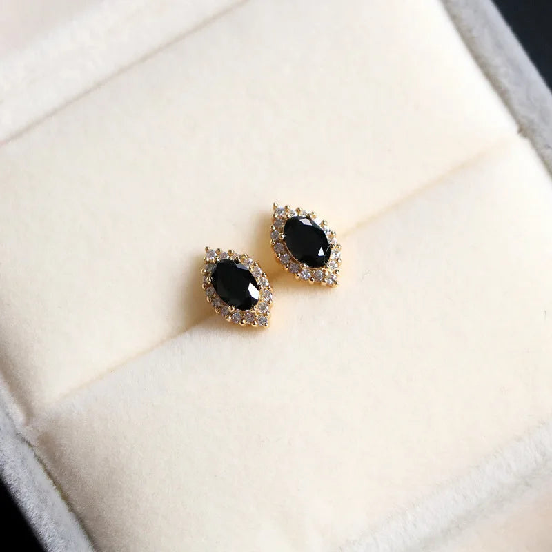French Vintage Simple 14K Gold Plated Pure 925 Sterling Silver Black Zircon Stud Earrings for Women Girls