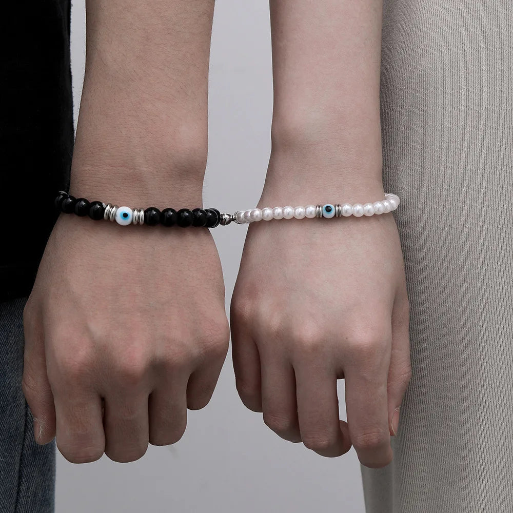New Creative Valentine's Day Magnetic Gift Charm Handmade Adjustable Blue Eye Beaded Magnet Pearl Couple Bracelet