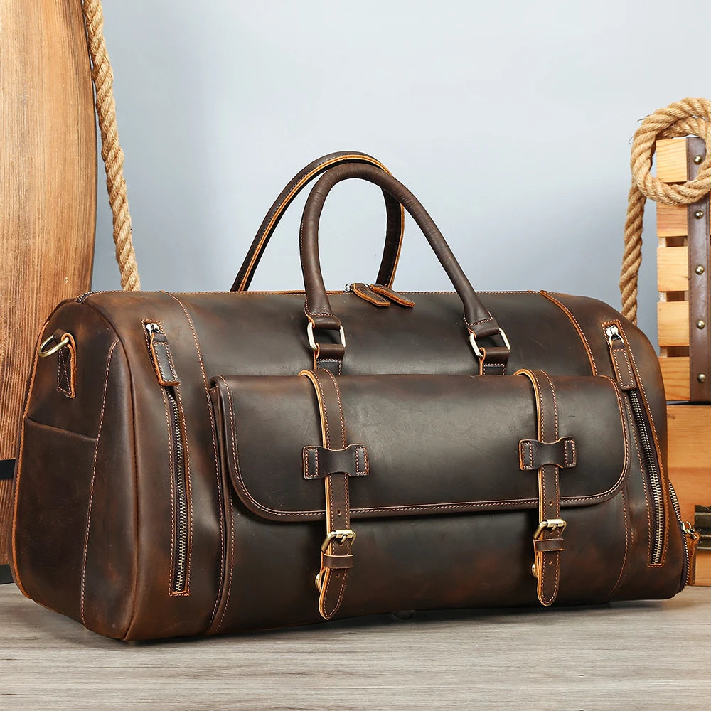 MARRANT Vintage Men's Crazy Horse Genuine Leather Weekender Holdall Overnight Duffel Bag with Shoe Pouch Men Leather Travel Bag