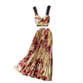 Bohemian Vacation Beach 2pcs Set Women Floral Printed Short Strapless Tops and High Waist Pleated Long Skirt Suit Spring Summer