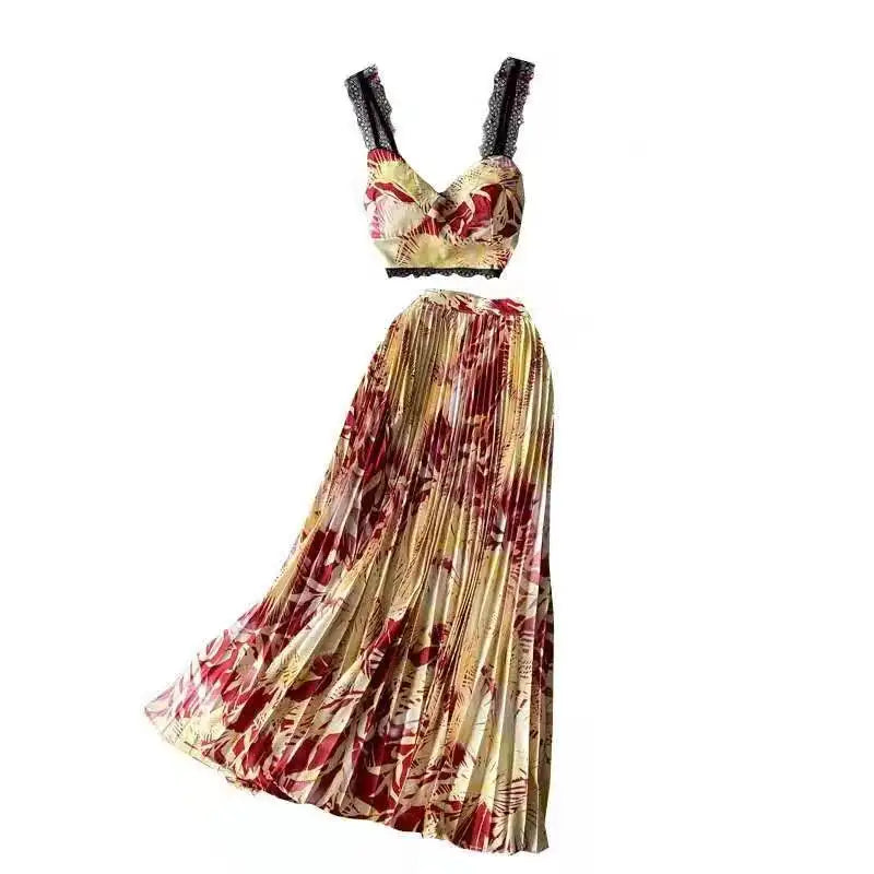 Bohemian Vacation Beach 2pcs Set Women Floral Printed Short Strapless Tops and High Waist Pleated Long Skirt Suit Spring Summer