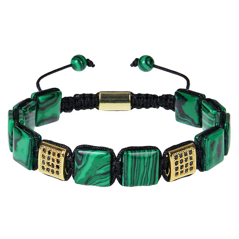 10x10mm Square Malachite Braided Bracelet Copper Inlaid Zircon Natural Stone Bracelet for Women