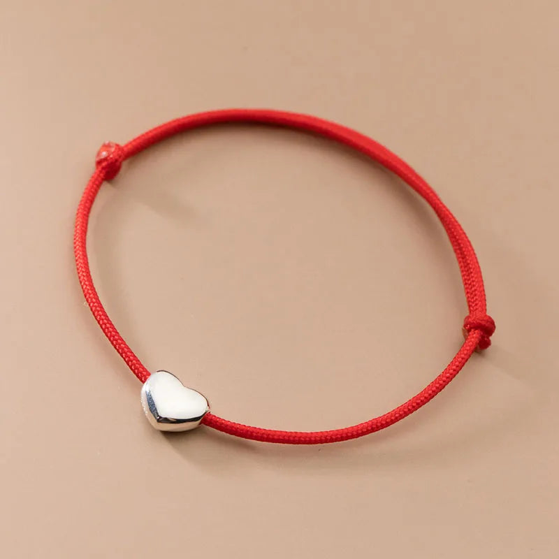 Real 925 Sterling Silver Red Cord Heart Charm Bracelet for Women Gifts Fine Jewelry