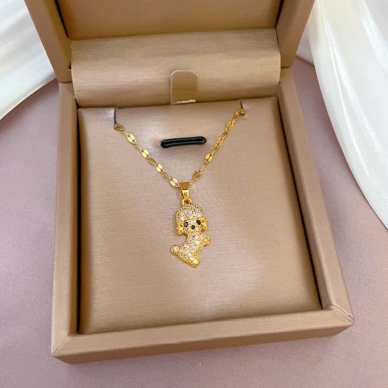 2022 Women Stainless Steel Dog Crystal Necklace Micro Inlay Zirconium Gold Plated Dog Necklace