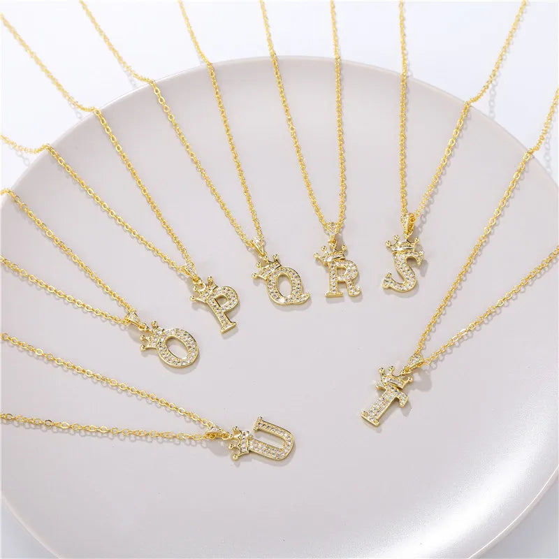 RisingMoon Crystal A-Z Crown Chain   Alphabet Necklaces  Neck Choker Hip Hop Pendant Letter Necklace