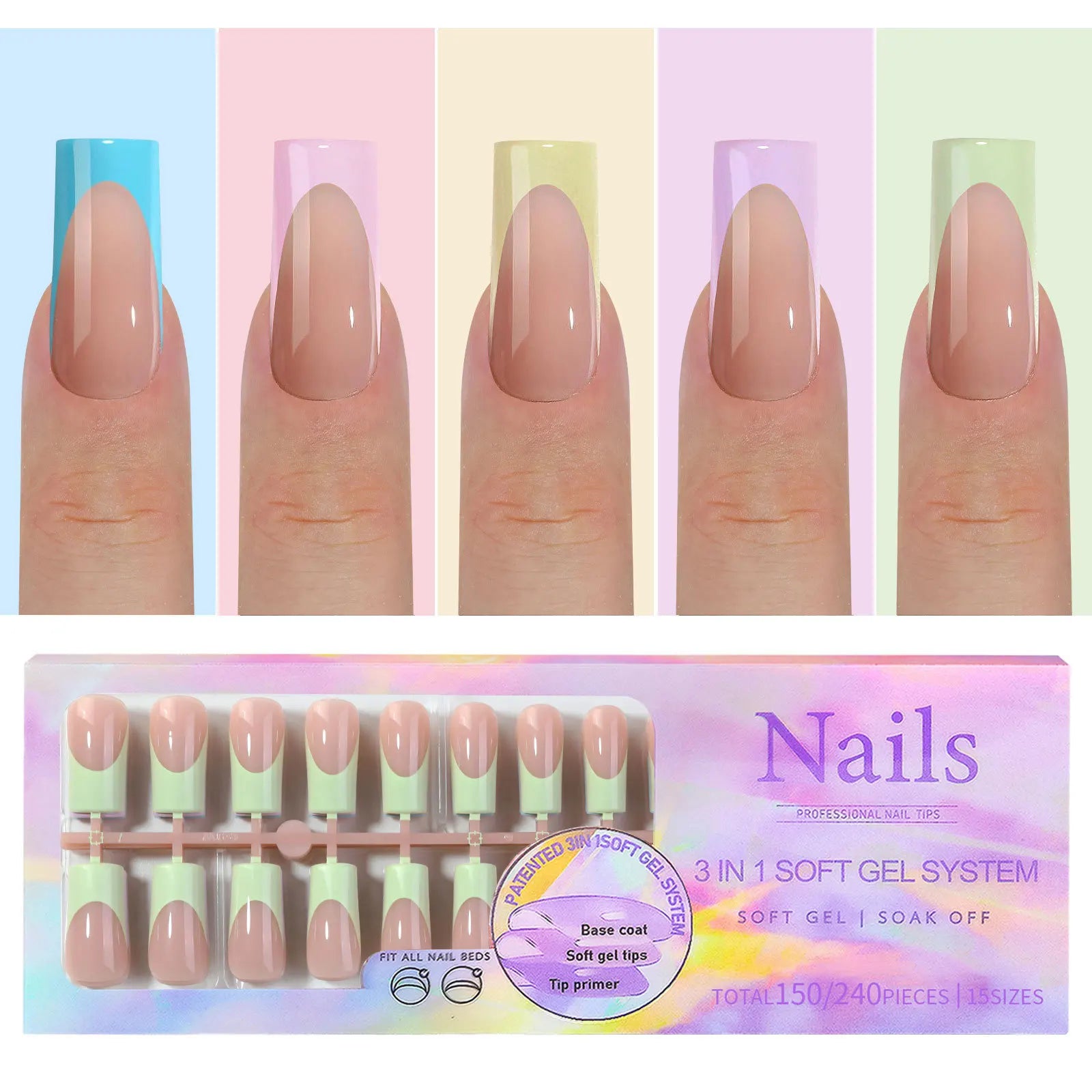 5 Colors Mixed DIY Classic Coffin Almond Square Press on Nails Nude Color French Design False Nail Tips Finger ABS