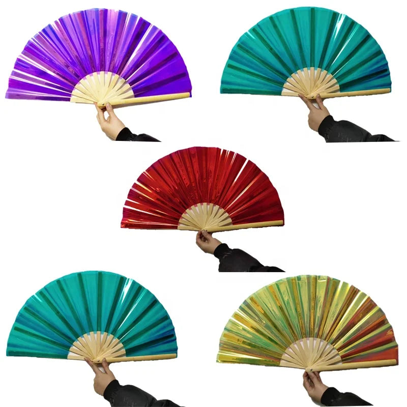 FAREA 2025 Full Stock Promotional Gift Large Iridescent Holographic Painted Folding Bamboo Fan 33cm Dance Party Decoration