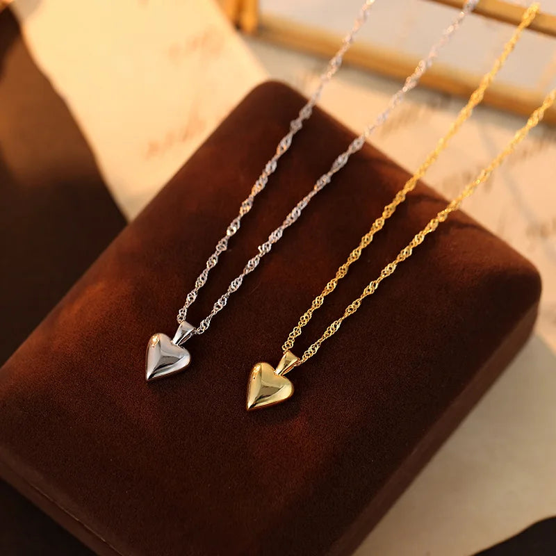 Classic Water-wave Chain Women Jewelry 925 Sterling Silver Heart Pendant Love Necklace