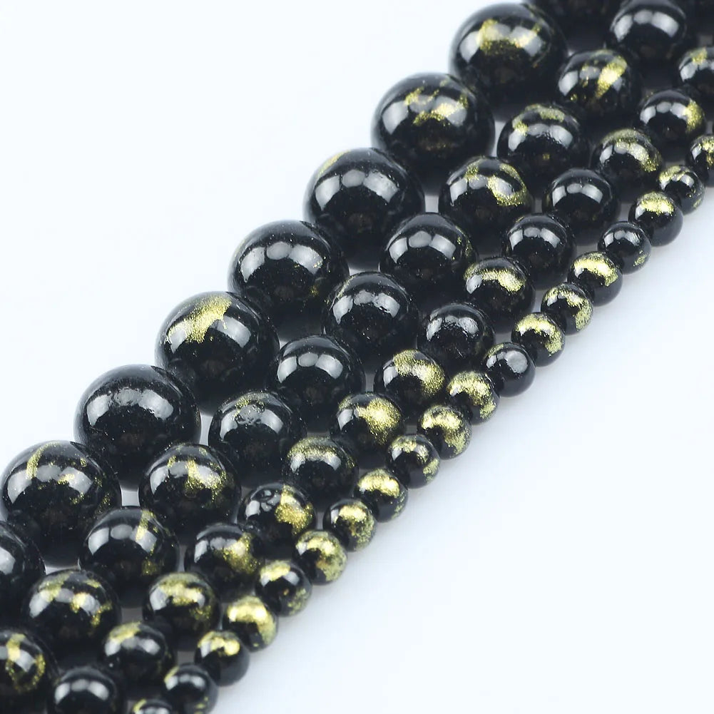 Wholesale 4/6/8/10 MM Black Gold Plated Natural Semi Gemstone Round Chalcedony Stone Loose Beads for DIY Jewelry Making