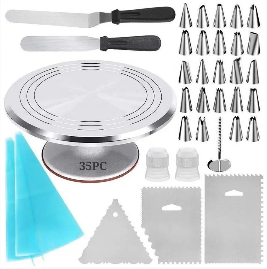 YJ Wonderful Custom 35pcs Cake Turntable Set Tools  with 12" Aluminium Alloy Metal Cake Turntable Rotating Cake Dessert Stand