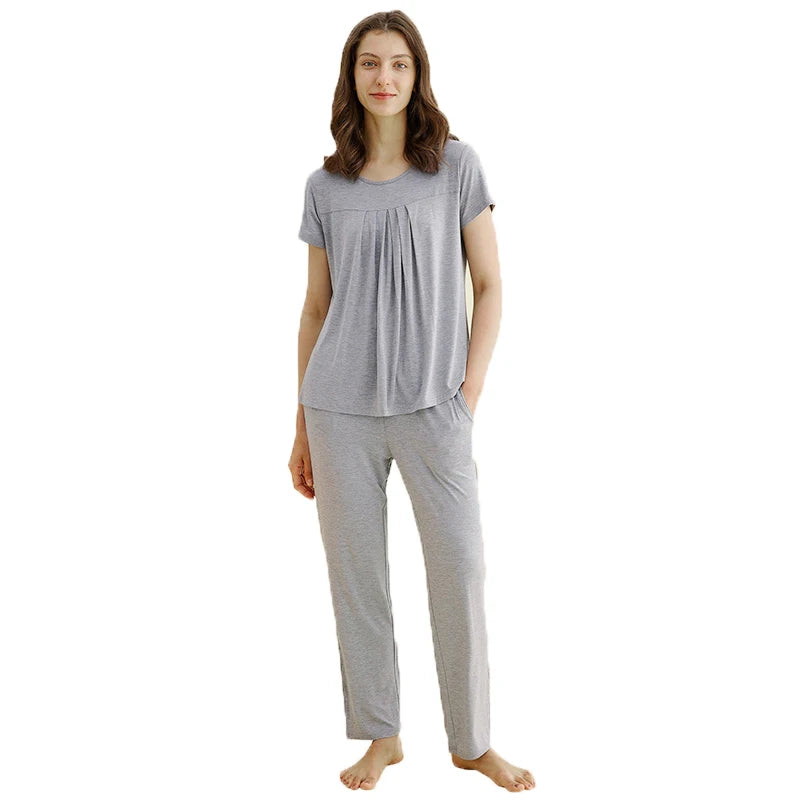 Customized Women's Bamboo Jersey Thermal Sleepwear Pleated Shirt Pants Pajamas Set with Short Sleeves for Summer