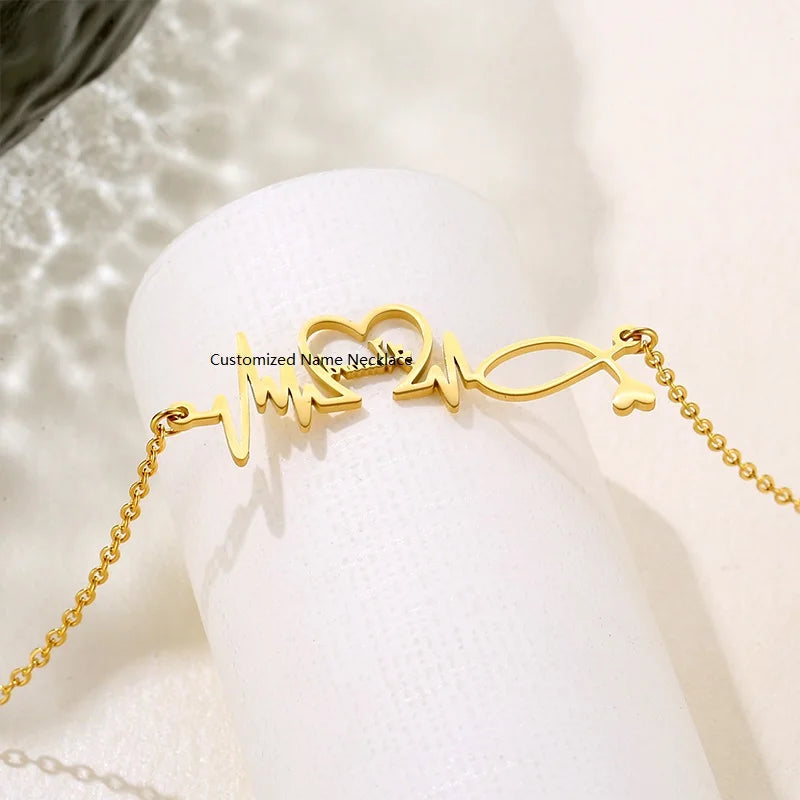 Fashion Custom Made Stainless Steel Necklace for Women Rose Gold Heart Rate Beats with Diamond Gold Plated Chains