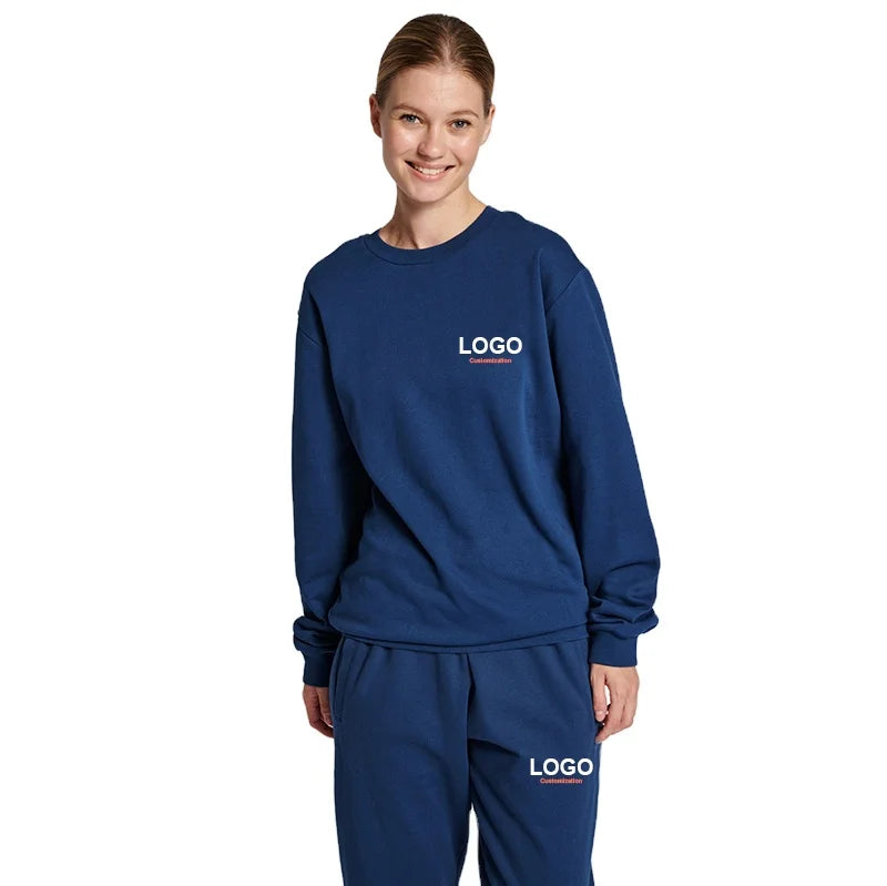 Customized Women 2-Piece Autumn Fall Winter Casual Loose Fleece Lounge Sets Long Sleeve Crewneck Sweatshirt Jogger Pants Printed