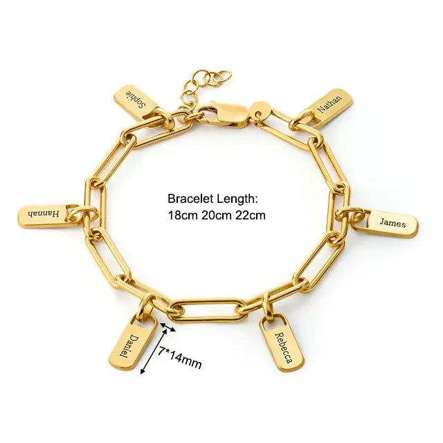 Stainless Steel Name Date Mom Birthday Family Gifts Big Link Paper Clip Chain Short Tassel Charm Bracelet