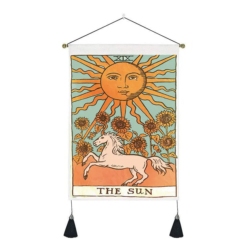35*50cm Tarot Card Phase Tassel Tapestry Vintage Mysterious Bohemian Moon Seven Chakra Animal Fabric Custom Wall Tapestry