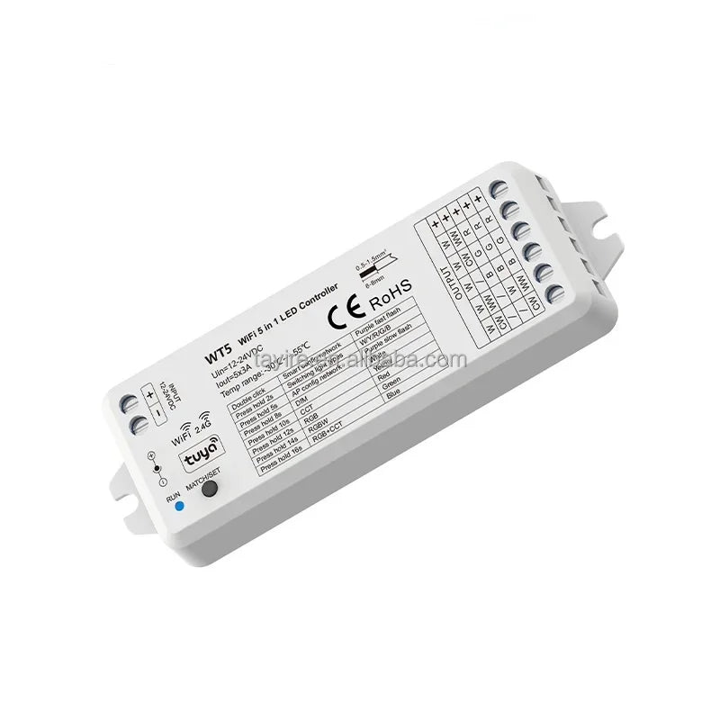 Tuya WiFi 5 in 1 LED Controller WT5 12V 24V for RGBCCT RGB RGBW CCT Single Color Led Light Strips 5 Channels RF 2.4G LED Dimmer