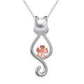 Simple Design 925 Sterling Silver Two Tone Lucky Clover Cat Fresh Water Pearl Pendant Necklace