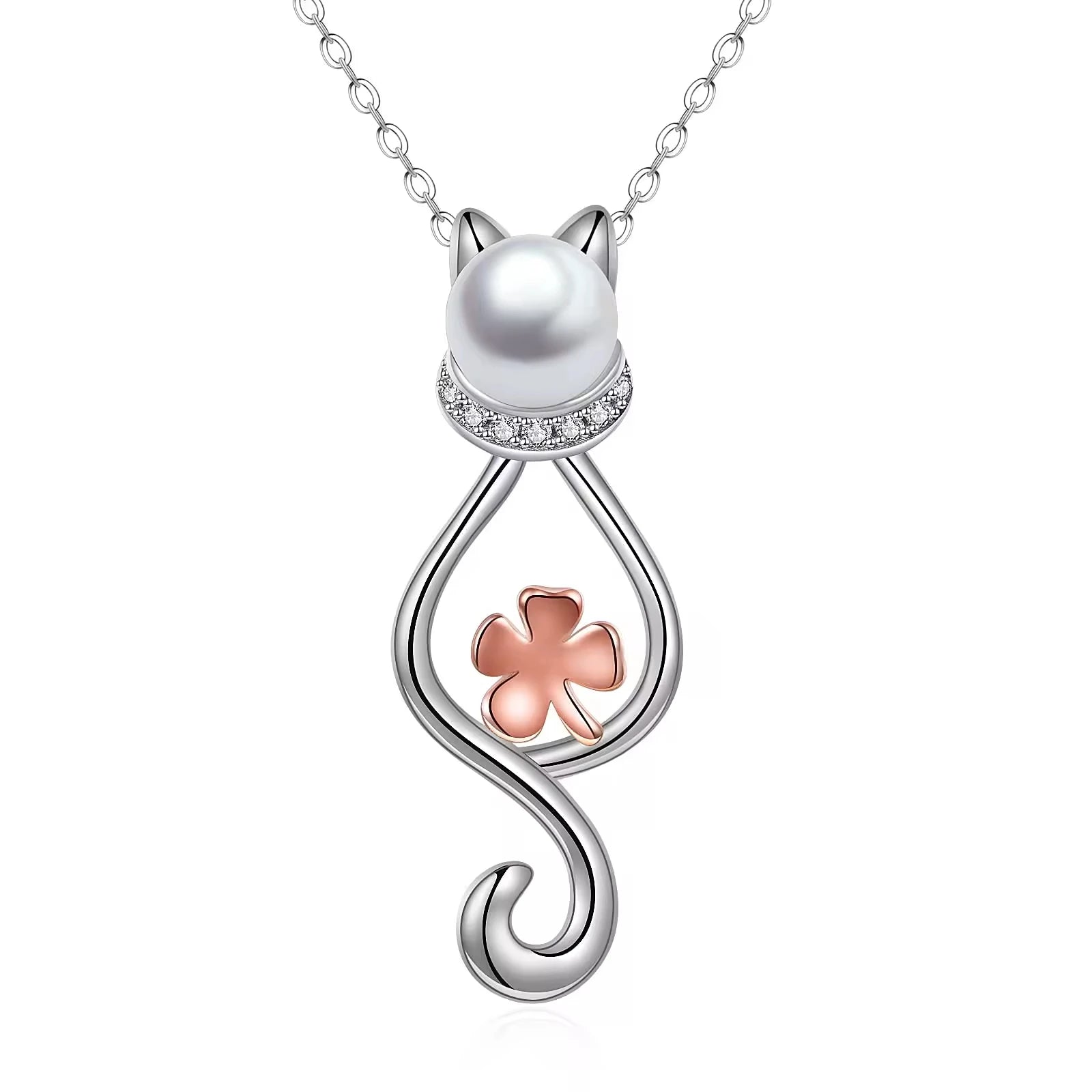 Simple Design 925 Sterling Silver Two Tone Lucky Clover Cat Fresh Water Pearl Pendant Necklace